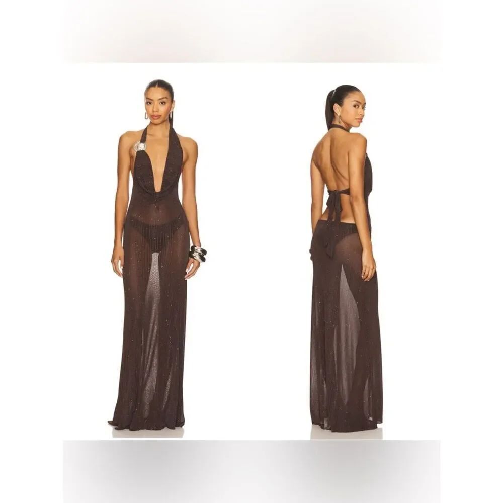 NWT JADED LONDON Knitted Trim Plunge Dress in Brown